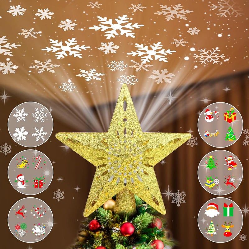 WILUX Christmas Tree Topper Projector Lights with 6 Projection Modes, Gold Star Christmas Tree Topper with Built-in LED Projector, Dynamic Projection for Christmas Party Holiday Decoration - Image 1